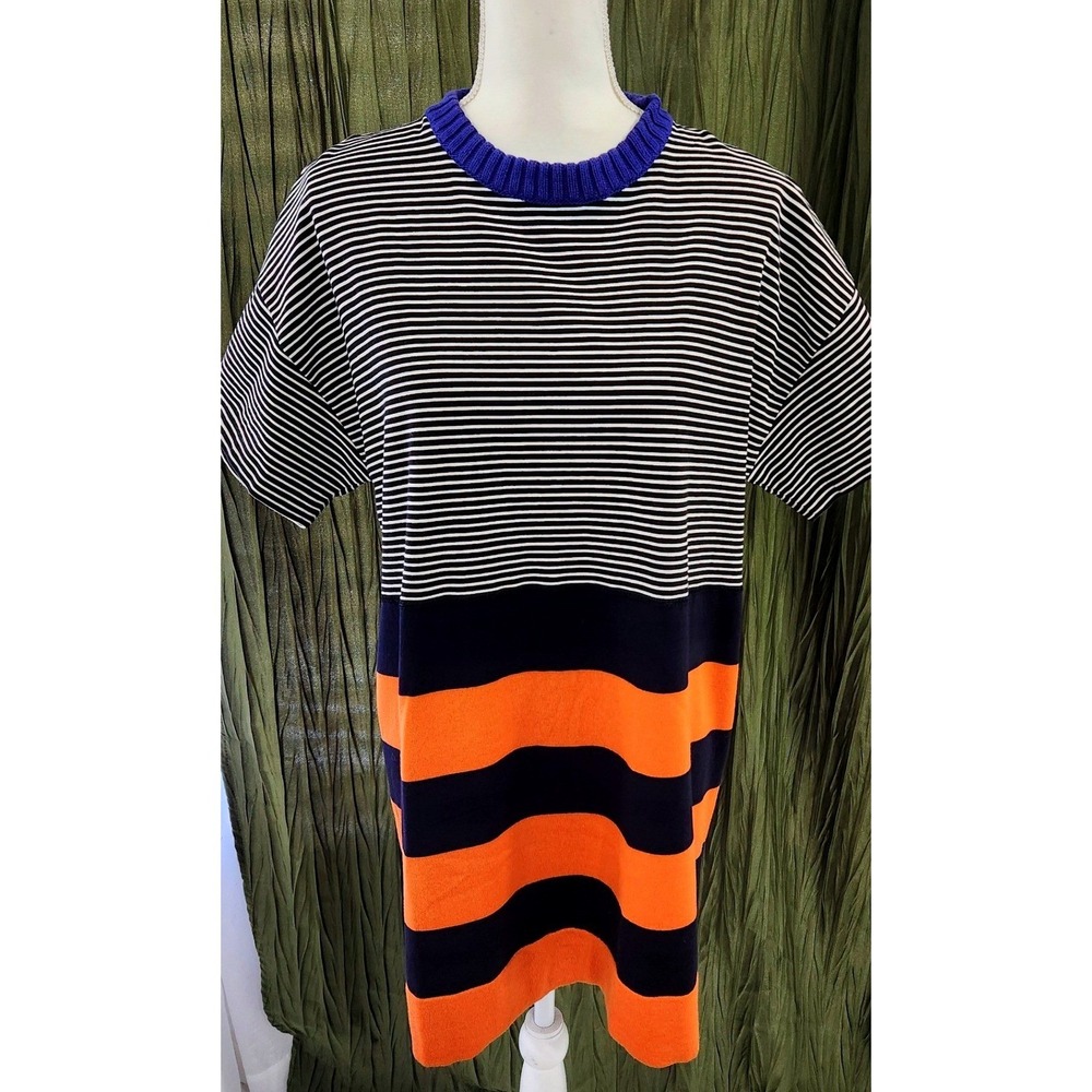 Cedric Charlier Virgin Wool Striped Knit Dress Blue Orange Black White Size 12